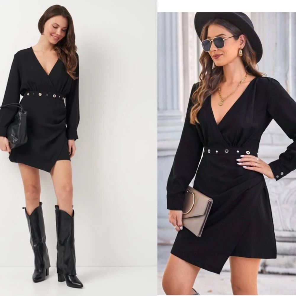 Zara black wrap V-neck long sleeve mini dress Silvertone Grommet eyelet trim M
